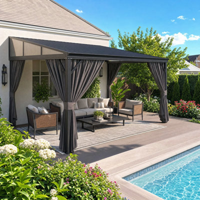 Wall-Mounted Lean-to Gazebo | Galvanized Steel Roof, Aluminum Frame, Curtains & Mosquito Netting