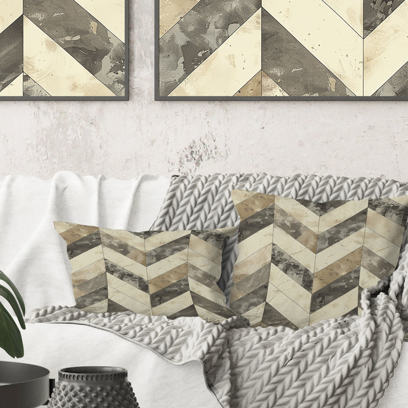 Beige Grey Chevron Pattern Dream I - Modern Throw Pillow, 16"H x 16"W