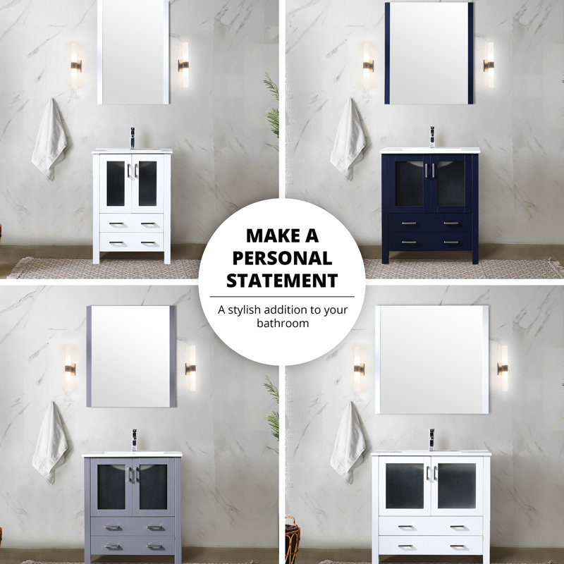 Meuble-lavabo simple blanc 54 po L 18,25 po, mécanisme de fermeture en douceur, plateau en céramique avec armoires latérales, miroir 28 po, grattoir