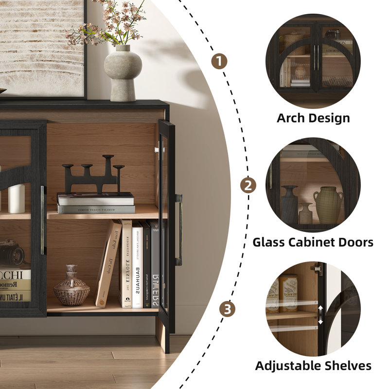 Modern Accent Cabinet,sideboard Buffet Cabinet With Storage,arched Cabinet With Glass Door, Black