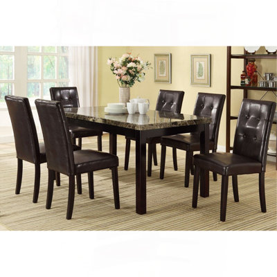 Faux Marble Table Top Upholstered Chairs 7Pc Dining Set Dining Table And 6X Side Chairs Tufted Back Chair