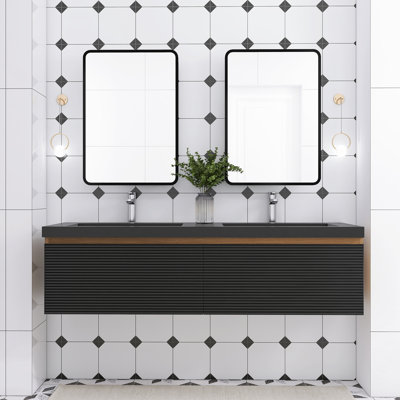 Meuble-lavabo mural 60 po en chêne avec plateau en résine intégré