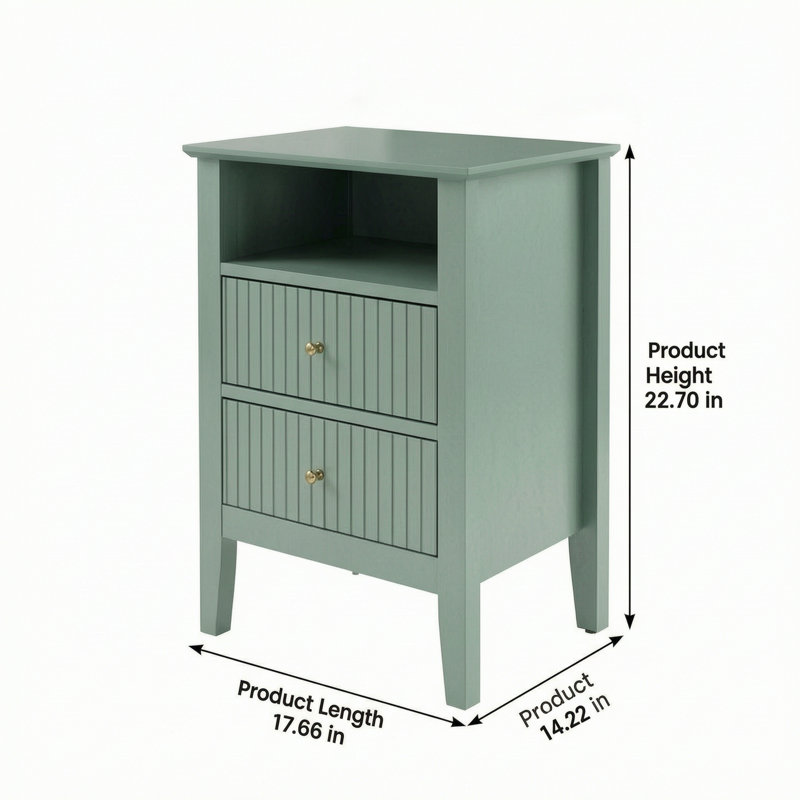 Table de chevet cannelée verte de 45,7 cm (18 po) avec 2 tiroirs - Table de chevet moderne pour chambre et salon