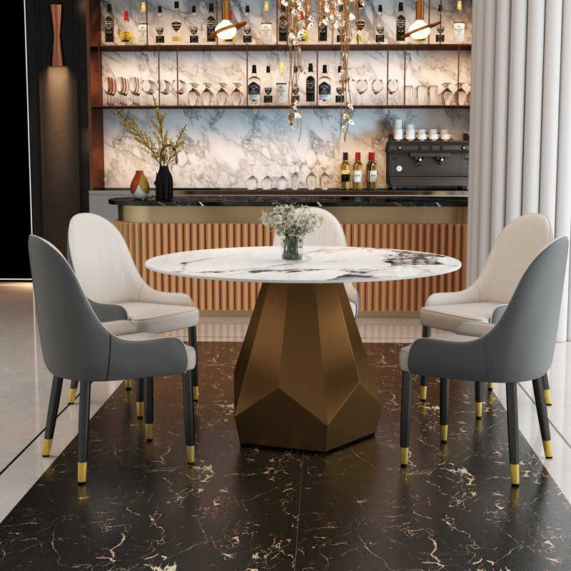 7 - Piece Stone Top Pedestal Dining Set, White, 29.53"H x 53.15"L x 53.15"W
