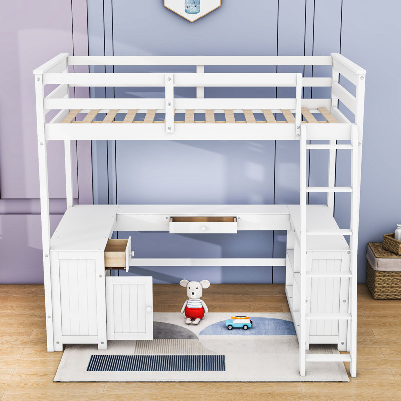 Lit mezzanine en bois Karthika avec bureau en U, tiroirs, échelle et tablettes de rangement, Full, Blanc