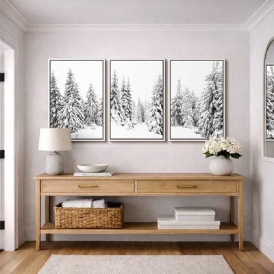 Winter "Snow Covered Pine Tree Forest Nature Landscape Artwork, Modern Black and White Photography Wall Pictures, Framed Canvas Giclée Print 3 Pieces Wall Art x3 pcs