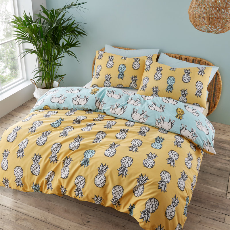 Tupi Pineapple Cotton Reversible Duvet Cover Set, Double Duvet Cover + 2 Standard Pillowcases