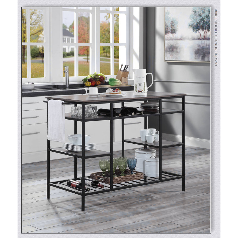 Lona Rustic Oak Finish Kitchen Island with 6 Open Compartments and Durable Metal Frame for Modern Kitchens