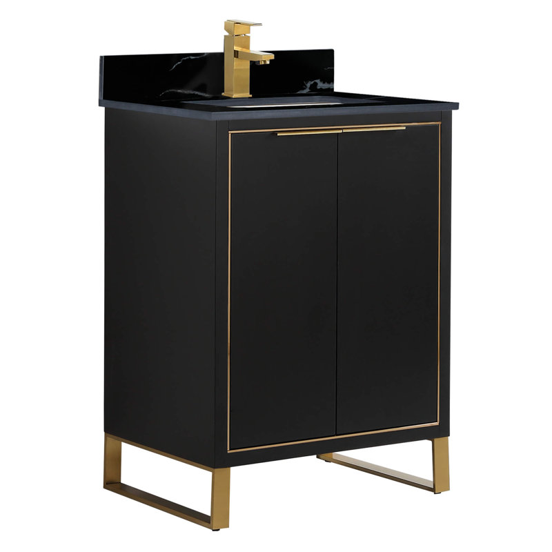 24'' Single Bathroom Vanity with Stone Top, Black Matte, Satin Brass