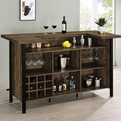 Rustic Oak Home Bar With Heavy Gauge Steel Frame, Stemware And Ample Storage For Dining Room Entertainment Freestanding Bar, Wine