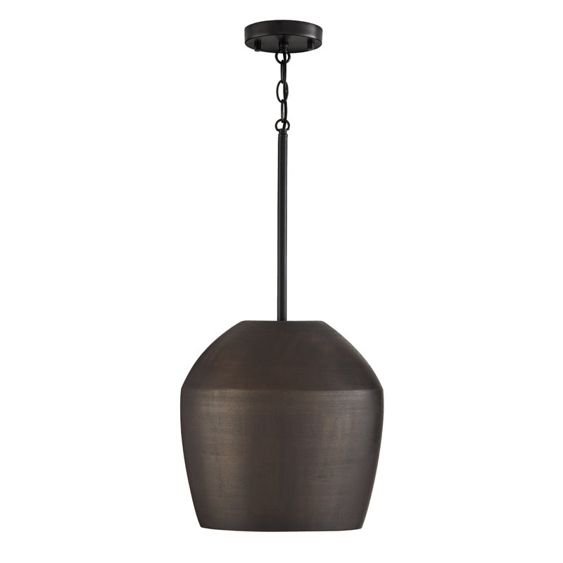 12.5" W x 14" H 1-Light Handcrafted Terracotta Pendant in Matte Black, Terracotta Umber