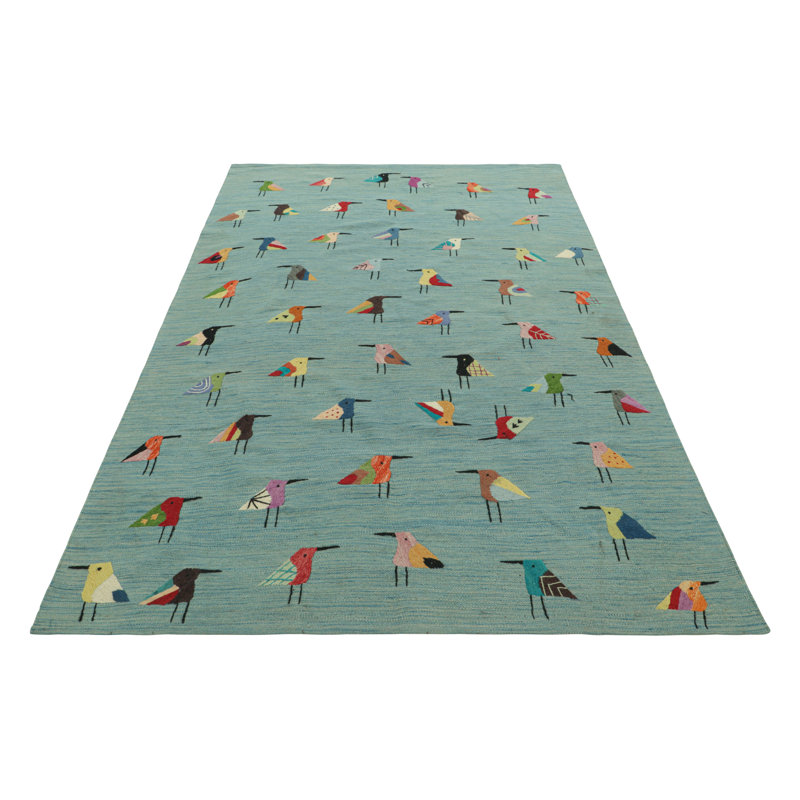 Rug & Kilim’S Suzani Kilim In Sky Blue With Polychromatic Bird Pictorials, Rectangle 12' x 15'