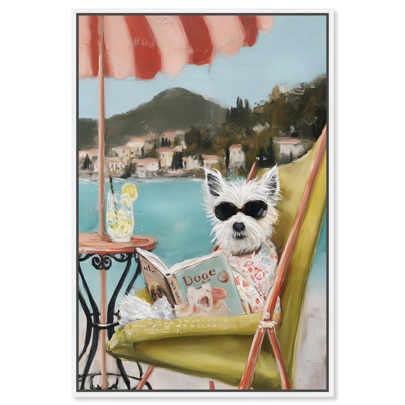 «Beach Reader I Fun Pet», reproduction d'art sur toile par Art Remedy, H 36 po x l 24 po, Cadre doré