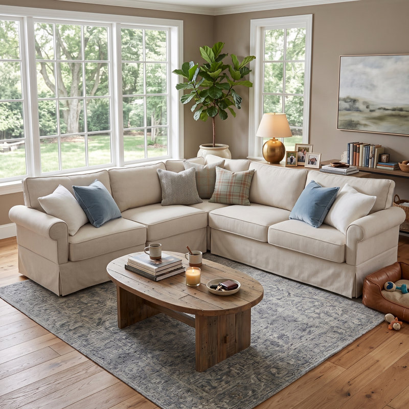 94" Wide Linen Reversible Modular L-Shaped Sectional Sofa, Beige Linen