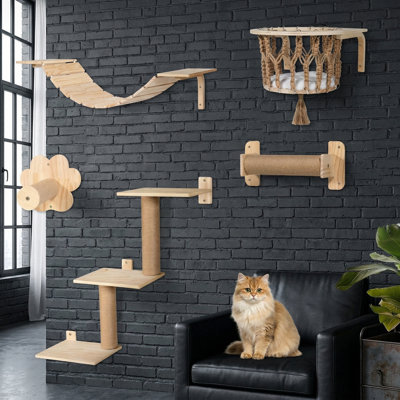 Ensemble de meubles muraux pour chat, tablettes en bois avec hamac, pont, arbre, marches et poteaux à griffes, système d'escalade