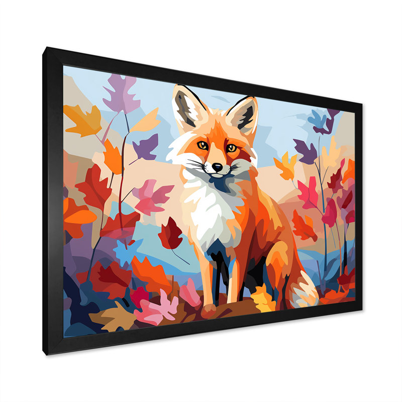«Orange Foxes Leaf Adventure II», art mural animal renard, H 24 po x l 32 po x P 1 po, Cadre d'angle fermé noir