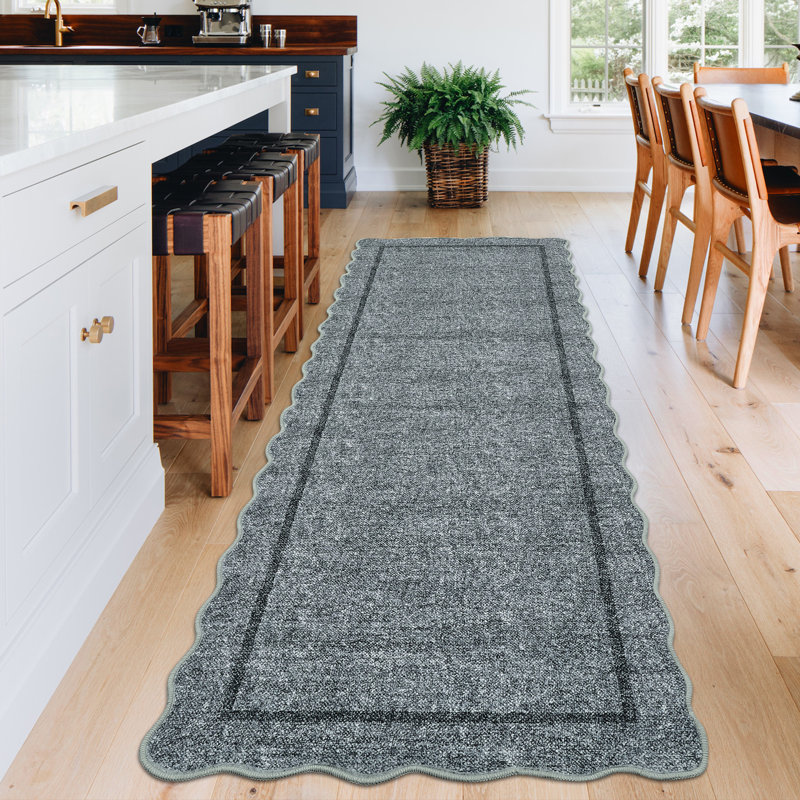 Scalloped Machine Washable Rug Non-Slip Bordered Floor Mats Non-Shedding Soft Low Pile Modern Accent Rugs for Living Room Bedroom Office