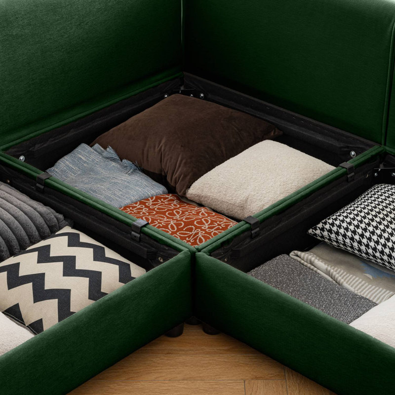 Ensemble modulaire rembourré 5 pièces avec repose-pieds avec rangement 5 pièces, Chenille verte