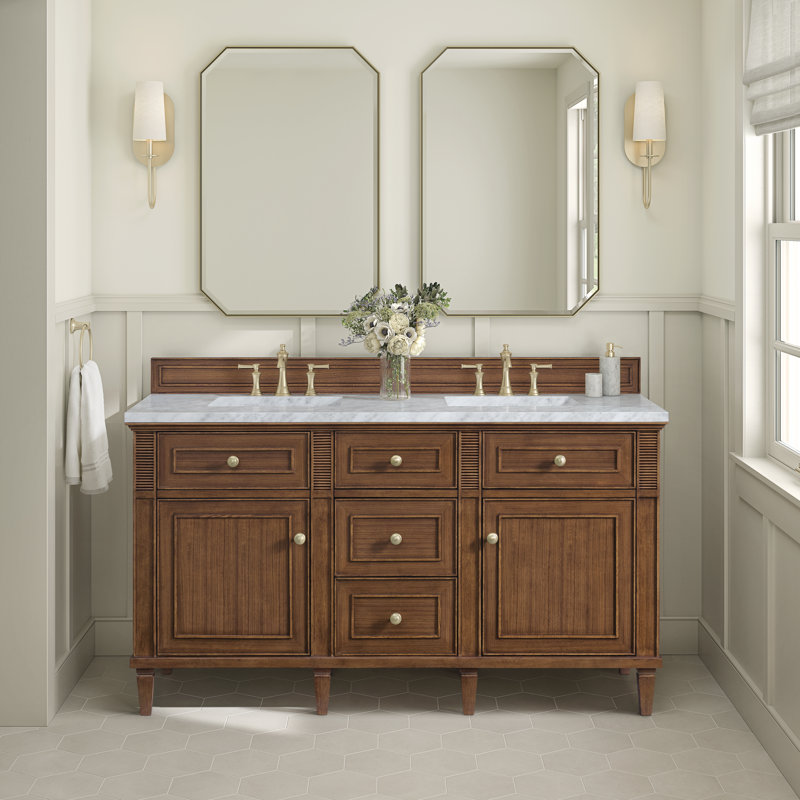 Lorelai 60'' W Double Vanity, Mid-Century Walnut, Carrara White, 8" Widespread