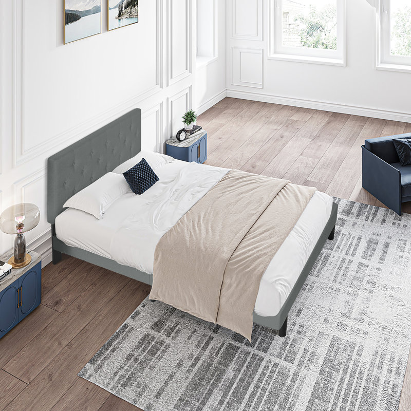 Lit plateforme tapissier simple gris foncé, tête de lit en tissu de lin moderne avec capitonnage à boutons, aucun sommier nécessaire, support à lattes de bois, facile à installer, capacité de poids maximale de 300 lb