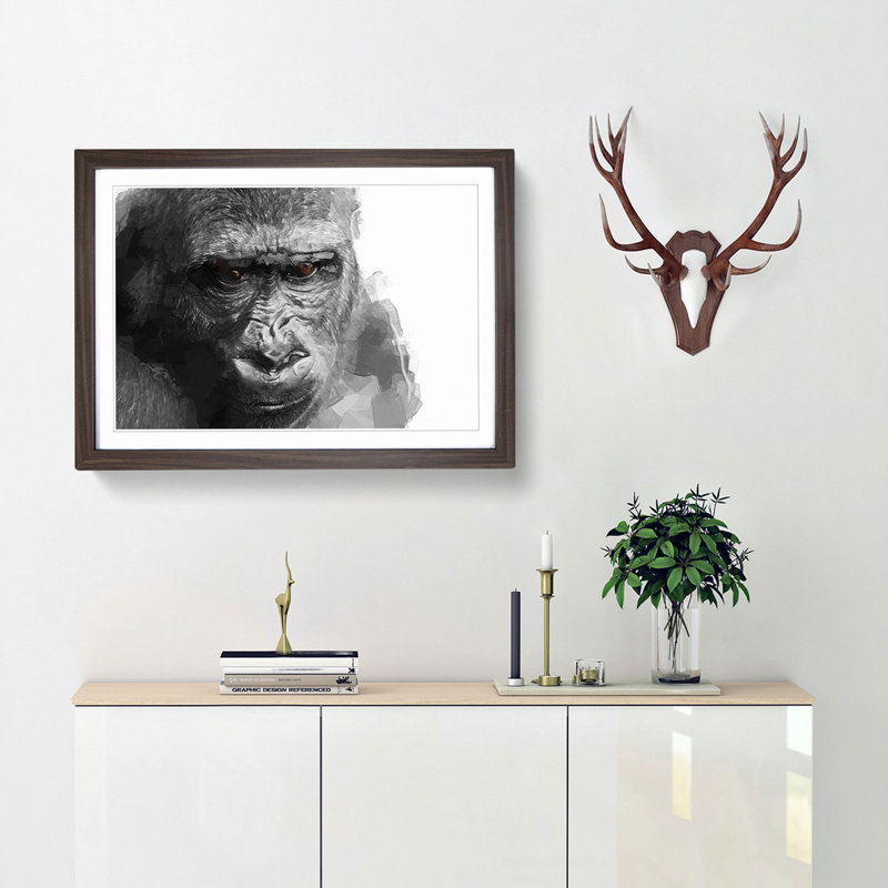 Gorilla with Brown Eyes in Abstract - Picture Frame Graphic Art Print, 62cm H x 87cm W x 2cm D, Walnut Framed