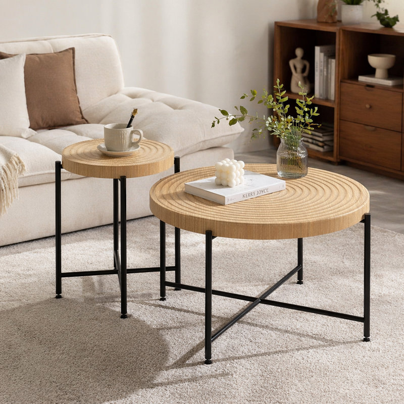 Ensemble de 2 tables basses et tables de bout - Panneau de fibres à densité moyenne imperméable avec revêtement en PVC, conception cylindrique vieillie, pieds en métal noir - charme rustique classique, bois technique