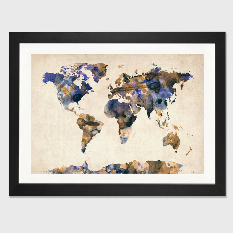 « urban aquarelle world map v », impression, Papier encadré noir, H 16 po x l 24 po x P 1 po
