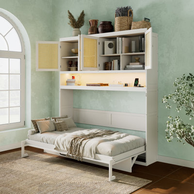 Lit escamotable simple avec armoire supérieure et lumière et ports de charge USB