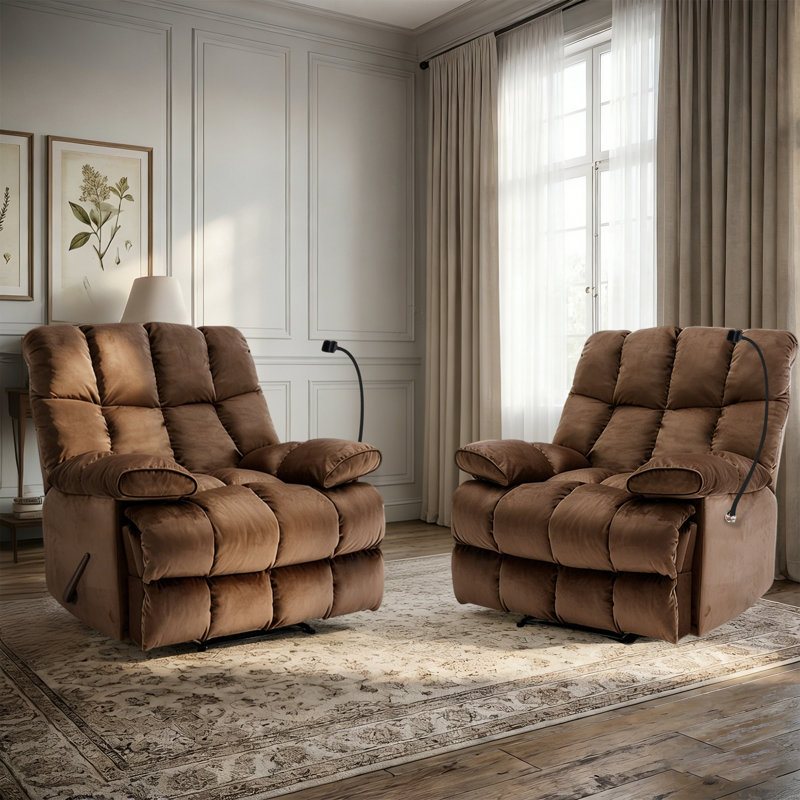 Manual Handle/Lever Recliner Chair with Sturdy Metal Support Frame, Extra Thick Padded Armrest & Built-in Phone Holder, Velvet Recliner for Living Room, Bedroom, Home Theater(set Of 2)-Brown