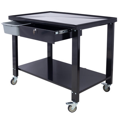 Transmission Teardown Work Station 1/2 Ton Capacity Sloping Drain Table Locking Drawer Removable Drain Basin Full-Width Lower Shelf Four 4-Inch Caster Wheels  Black