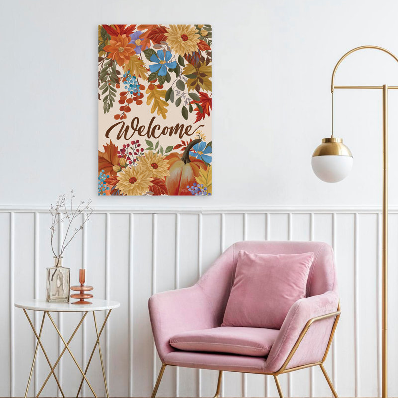 «Welcome Fall», art contemporain citrouille feuillage d'automne contemporain, H 24 po x l 16 po