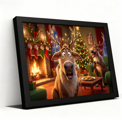 Christmas Reindeer Cartoon Scene Canvas Wrapped Wall Art Oil Painting Print Set Of 1
