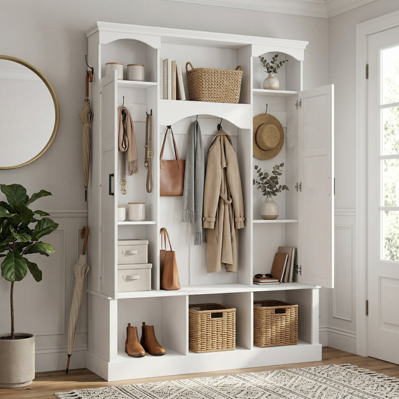 Arbre de couloir moderne tout-en-un avec garde-robe, banc de rangement pour entrée de ferme avec 7 crochets pour le vestibule