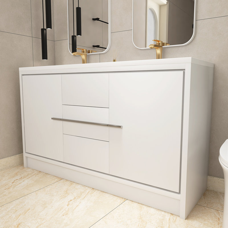 59'' Freestanding Double Sink Bathroom Vanity with Resin Top, White