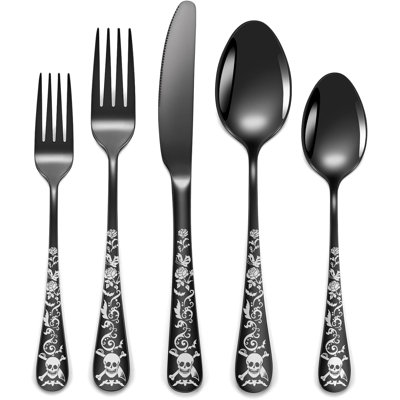 40-Piece Skull Pattern Flatware Set For 8, Gothic Pirate Rose Silverware With Skeleton Flower Bat Butterfly Design, Mirror Polished Stainless Steel Tableware For Halloween Party Gift