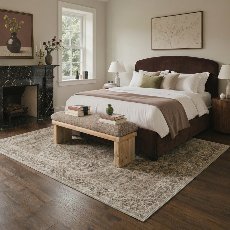 Mosaic Modern Machine Washable Brown / Beige Indoor Area Rug with Non-Slip Backing, Round 5'