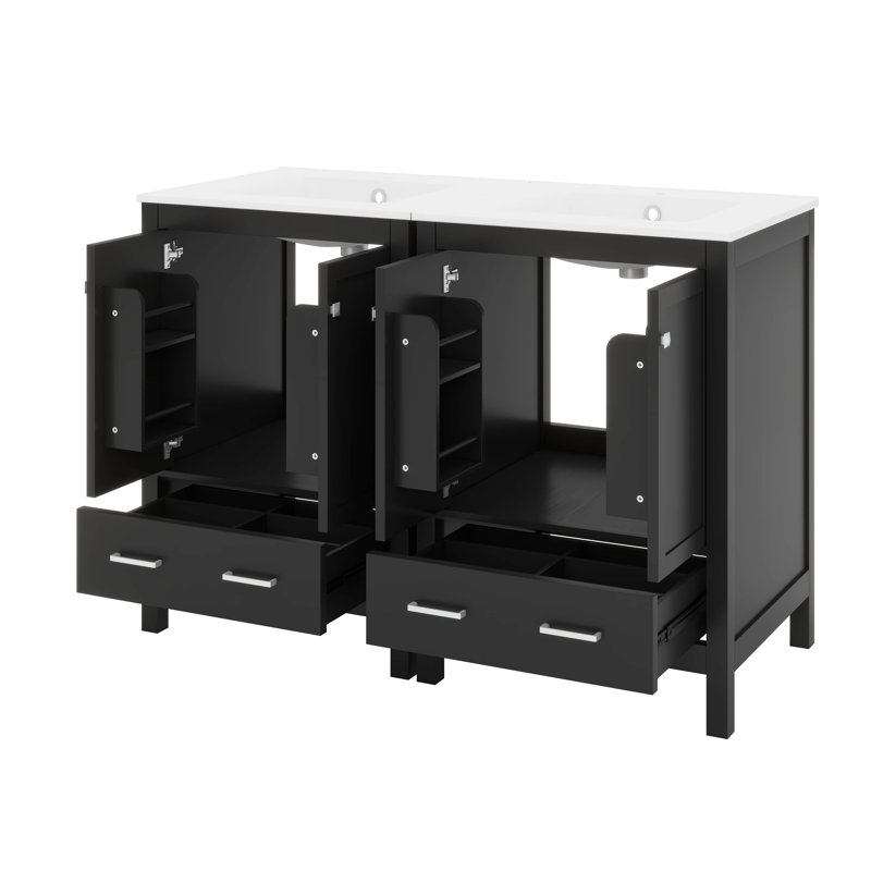 Meuble-lavabo 48 po avec tiroir divisé et tablette de porte double couche, Noir