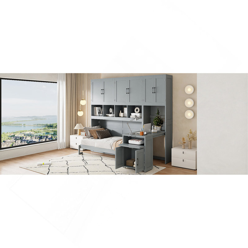 Lit escamotable mural simple avec placard, tiroirs et bureau - gris