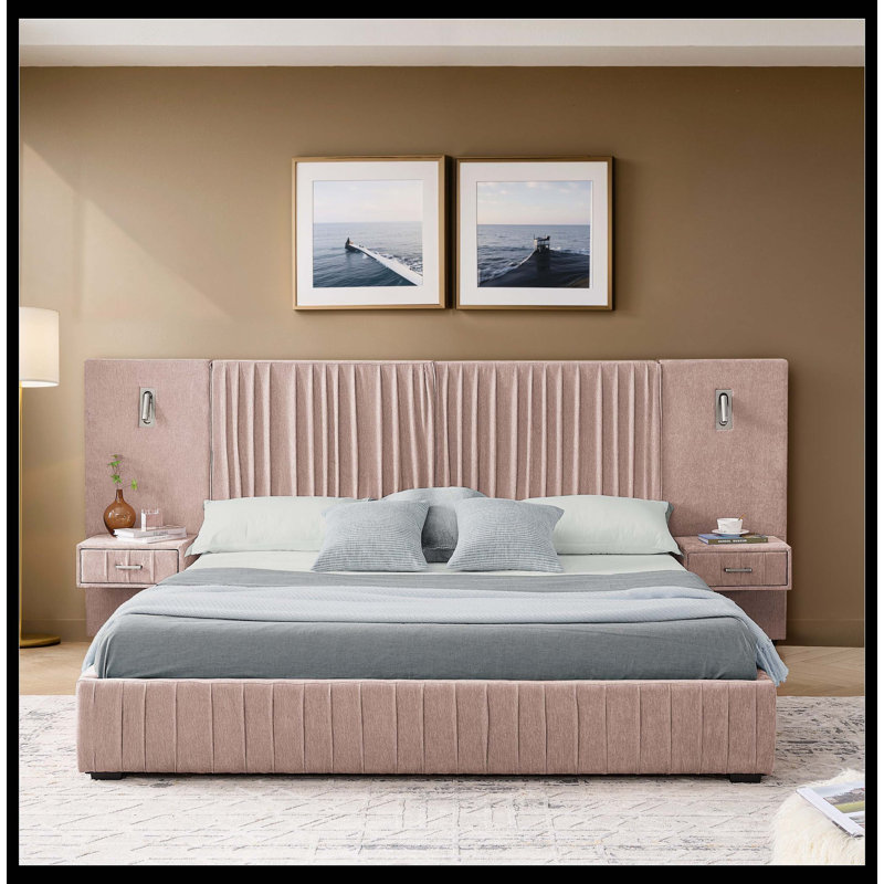 Structure de lit tapissier grand format avec tissu en chenille avec motif plissé, lit plateforme grand format avec tête de lit, structure solide et table de chevet. Pas de sommier tapissier nécessaire - rose