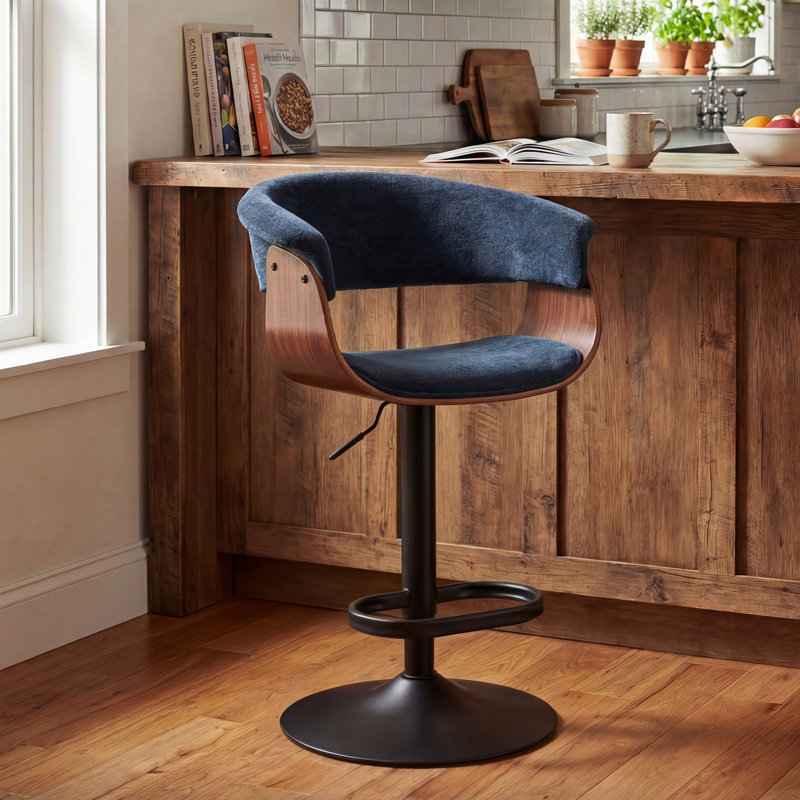 Tabourets de bar à hauteur réglable bleus avec siège pivotant en tissu et dossier pour îlot de cuisine, Tissu bleu