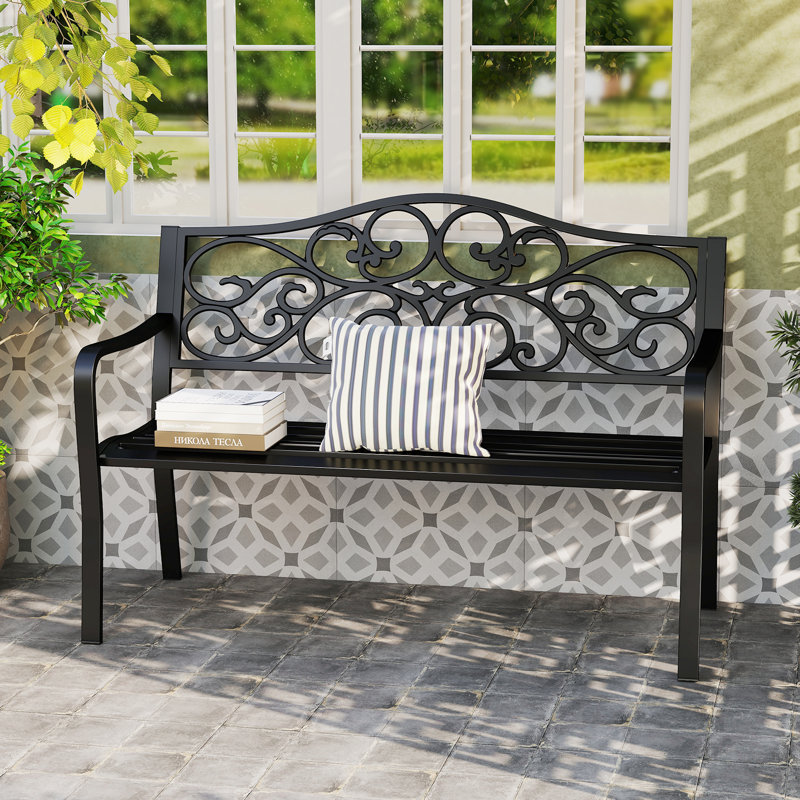 Banc en métal pour 2 personnes avec dossier incliné à motif floral noir