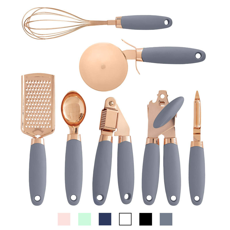 Kitchen Gadget Set Copper Plated Stainless Steel Utensils With Soft Touch Handles, Copper Grey, 7 Pieces
