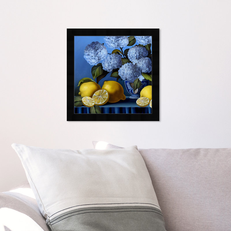 «Hydrangeas and Lemons Vase», cadre photo, Cadre noir, H 14 po x l 14 po