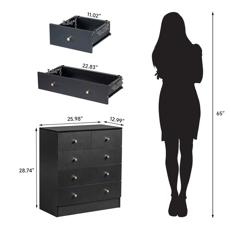 Armoire de rangement à 5 tiroirs Cilegon, Noir, noir, noir, noir