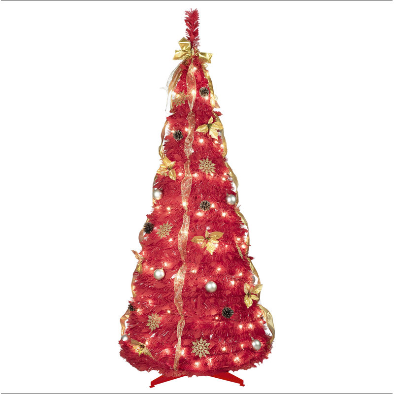 Arbre de Noël 6 pi avec 150 lumières DEL blanc chaud, ornements inclus - 4 rubans, arc, fleurs, flocons de neige, pommes de pin et boules - Assemblage facile et décoration de Noël peu encombrante