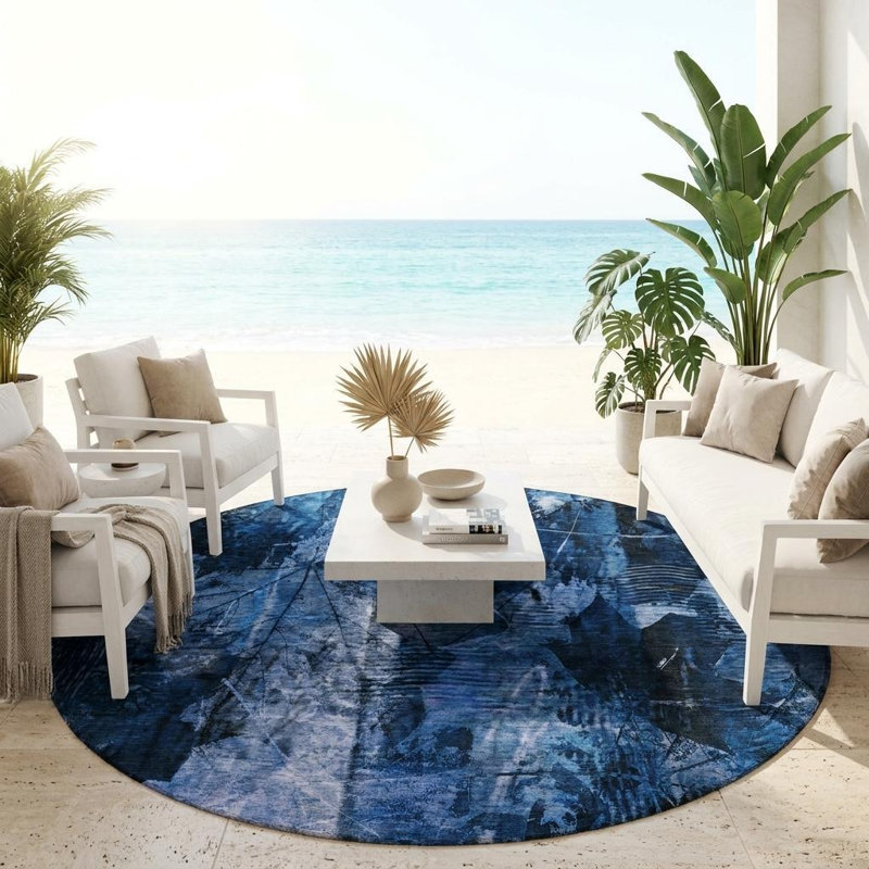 Tapis d'intérieur rond 8 pi rond bleu marine floral lavable antidérapant