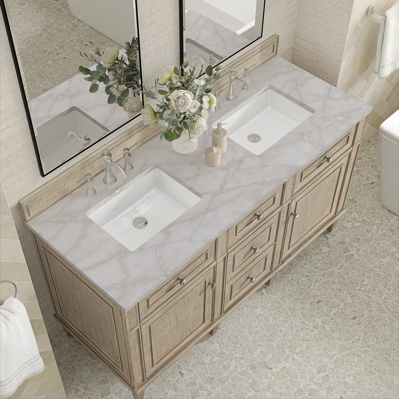 Lorelai 60'' Double Bathroom Vanity with Top, Victorian Silver, Whitewashed Oak, 8" Widespread
