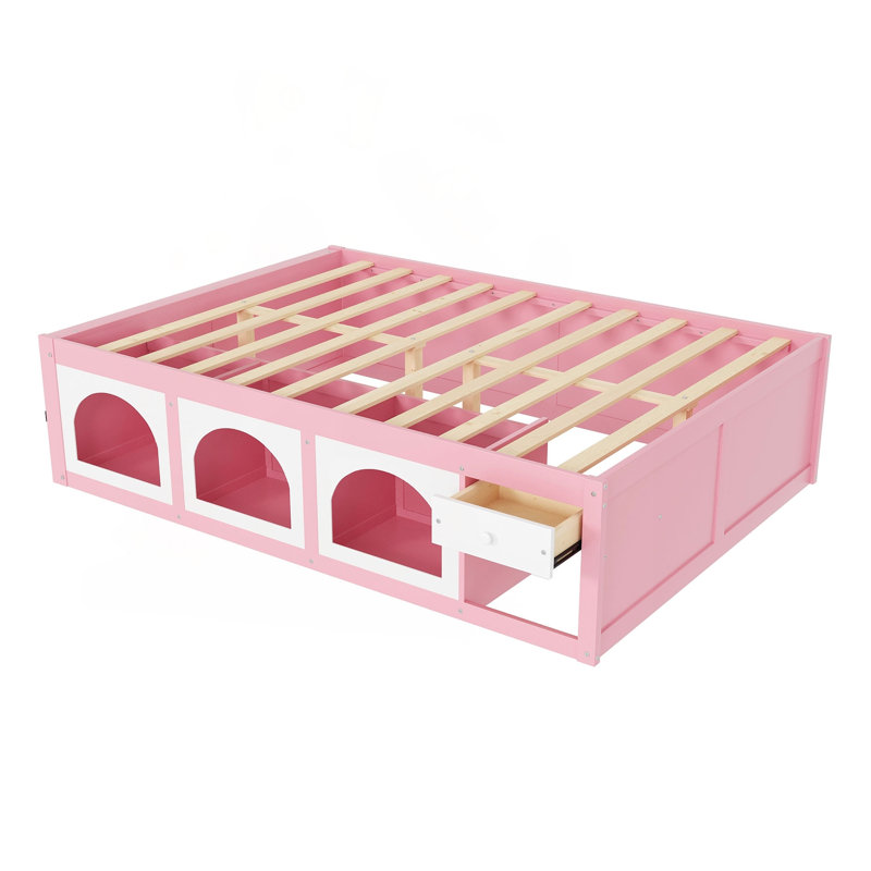Grand lit plateforme en bois avec bibliothèque, vitrine, lumière DEL et tiroir, rose et blanc, Queen, Pink/White