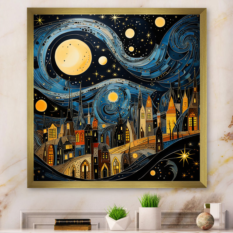 Collage au clair de lune bleu et jaune de la ville I - art mural paysage urbain, Cadre doré simple