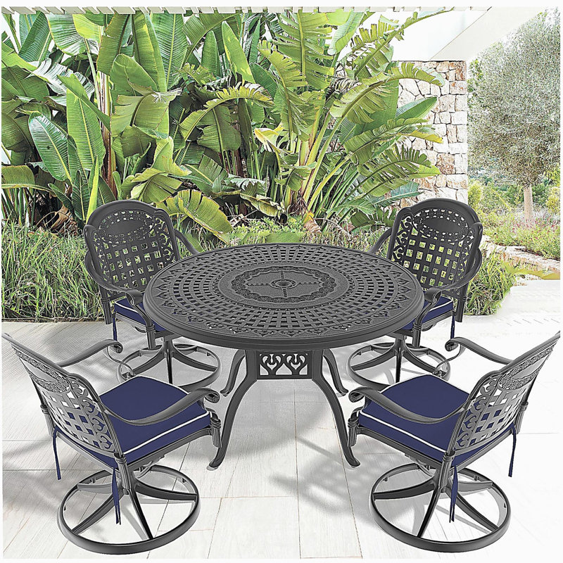 Ensemble de salle à manger 5 pièces en aluminium coulé résistant aux intempéries, comprenant 4 chaises pivotantes et une table ronde de 47,24 po avec structure noire (même SKU: W1710S00448)